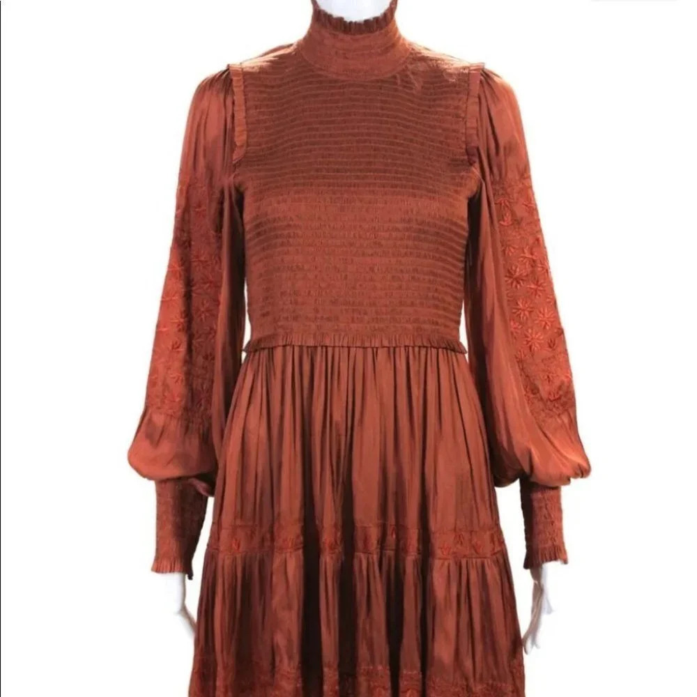 Ulla Johnson‎ Angelica Mini Dress Orange Rust 2 Smocked Embroidered Turtleneck - Picture 7 of 14
